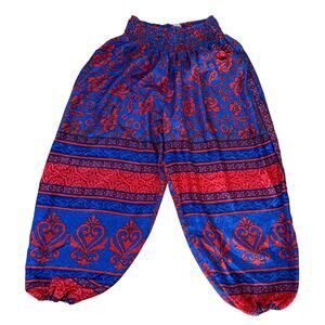 Earthbound Trading Co. Boho Smocked Harem Pants - Red & Blue Floral - Medium